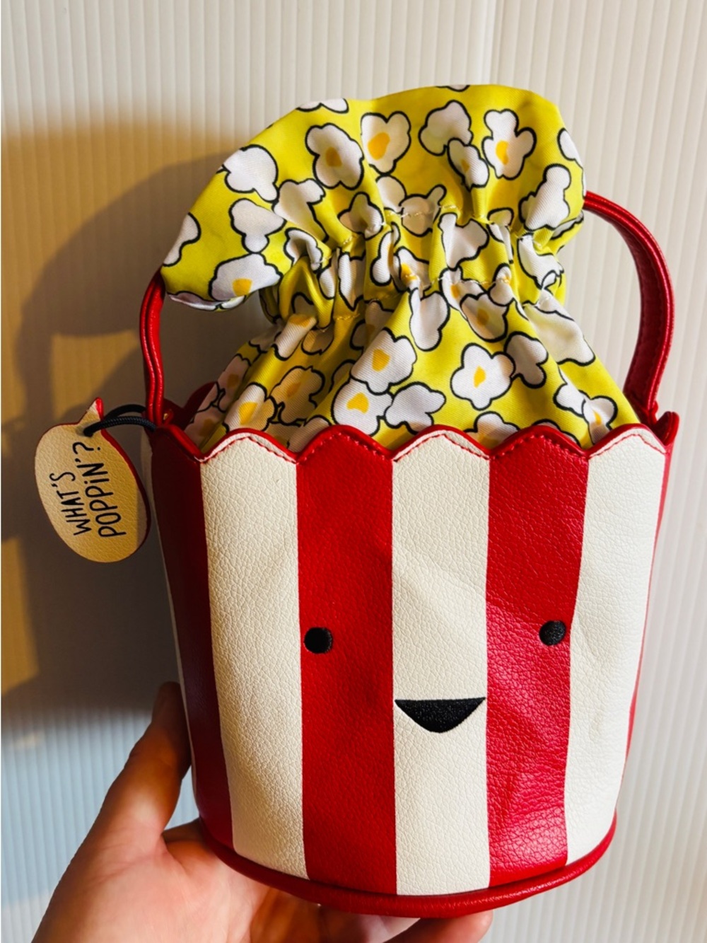 Cute Popcorn-Themed Kids Bucket Bag in Red & White with Yellow Liner